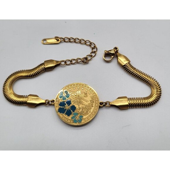 unbranded Jewelry - VTG Hibiscus Coin Medallion Gold Tone Herringbone Bracelet Stainless Steel